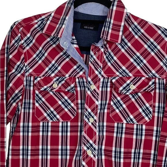Zara Man Men's Sz Sm Red Plaid Long Sleeve Casual Button-Up Western Style Shirt - Picture 2 of 7